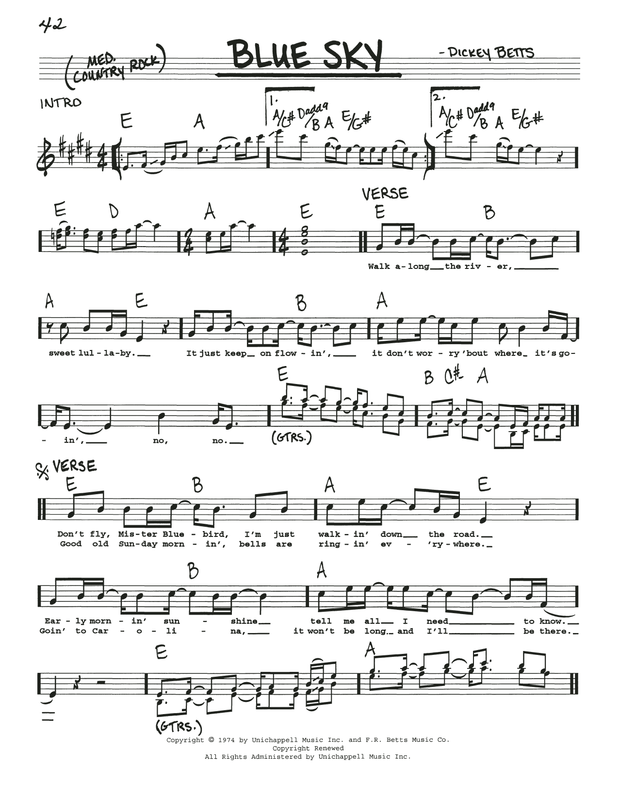 Allman Brothers Band Blue Sky sheet music notes and chords. Download Printable PDF.