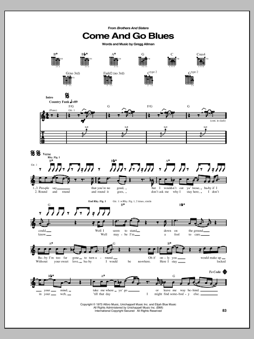 Learn to play The Allman Brothers Band Come And Go Blues sheet music for Guitar Tab in minutes. Price: 7.8900$ The Allman Brothers Band Come And Go Blues sheet music notes and chords arranged for Guitar Tab