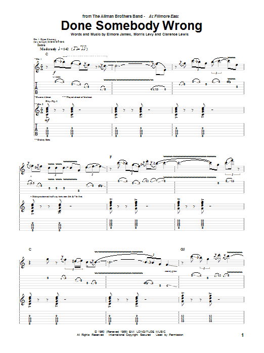 Learn to play Allman Brothers Band Done Somebody Wrong sheet music for Guitar Tab in minutes. Price: 7.8900$ Allman Brothers Band Done Somebody Wrong sheet music notes and chords arranged for Guitar Tab