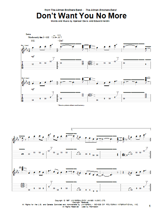 Allman Brothers Band Don't Want You No More sheet music notes and chords. Download Printable PDF.