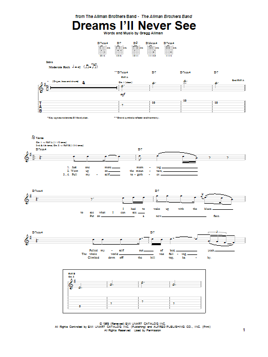 Allman Brothers Band Dreams I'll Never See sheet music notes and chords. Download Printable PDF.