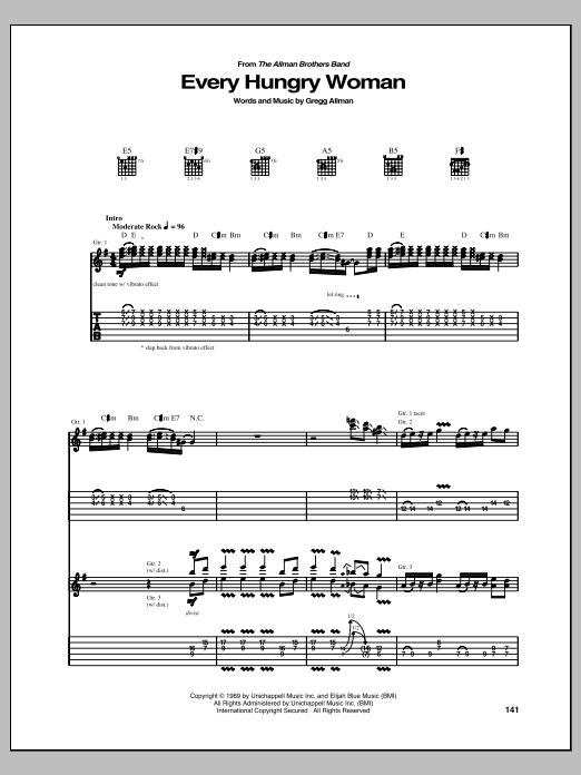 Learn to play The Allman Brothers Band Every Hungry Woman sheet music for Guitar Tab in minutes. Price: 7.8900$ The Allman Brothers Band Every Hungry Woman sheet music notes and chords arranged for Guitar Tab