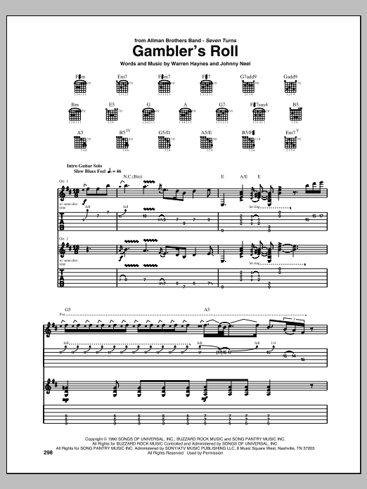 Learn to play Allman Brothers Band Gambler's Roll sheet music for Guitar Tab in minutes. Price: 7.8900$ Allman Brothers Band Gambler's Roll sheet music notes and chords arranged for Guitar Tab