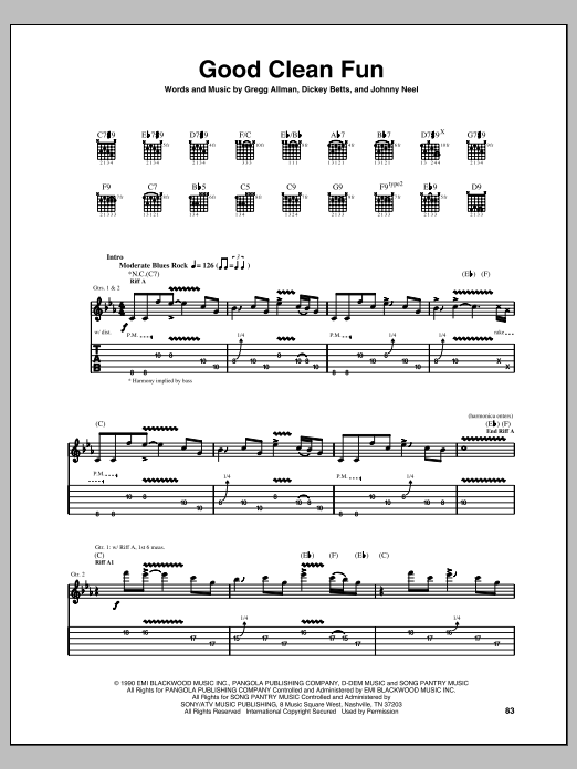 Learn to play Allman Brothers Band Good Clean Fun sheet music for Guitar Tab in minutes. Price: 7.8900$ Allman Brothers Band Good Clean Fun sheet music notes and chords arranged for Guitar Tab