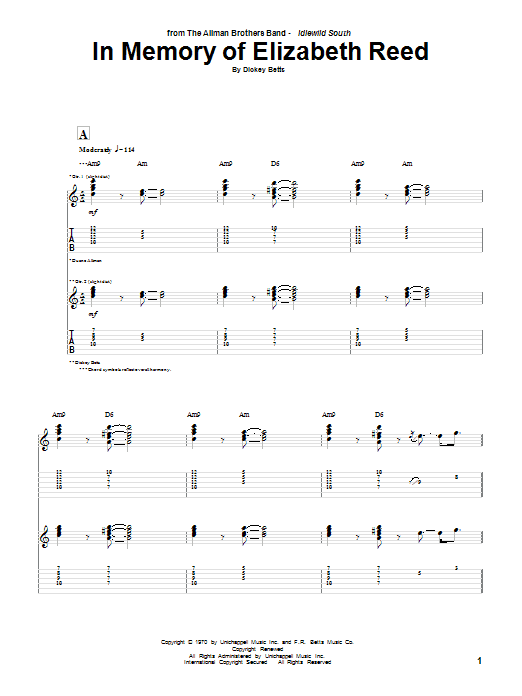 The Allman Brothers Band In Memory Of Elizabeth Reed sheet music notes and chords. Download Printable PDF.