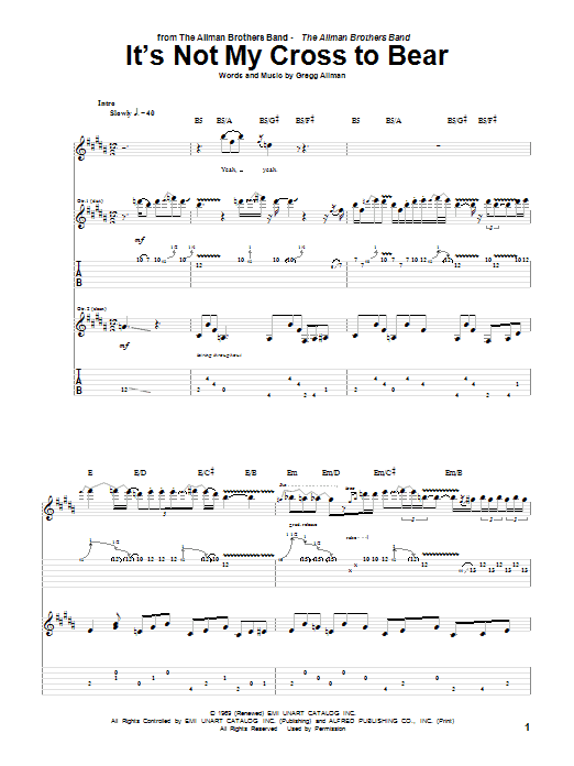 Allman Brothers Band It's Not My Cross To Bear sheet music notes and chords. Download Printable PDF.