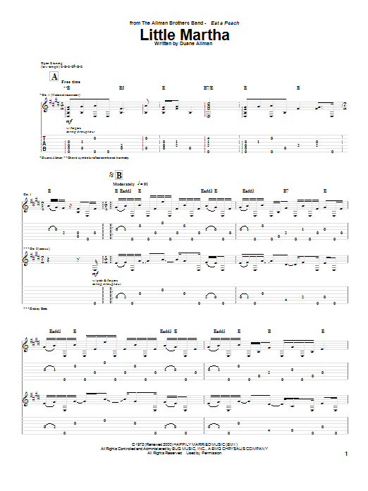 Allman Brothers Band Little Martha sheet music notes and chords. Download Printable PDF.