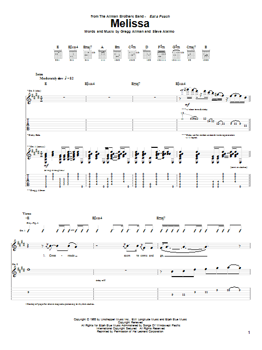 Allman Brothers Band Melissa sheet music notes and chords. Download Printable PDF.