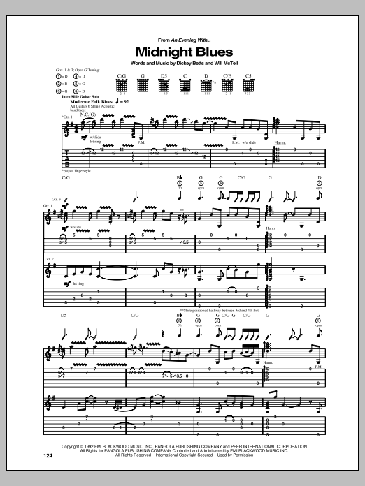 Learn to play Allman Brothers Band Midnight Blues sheet music for Guitar Tab in minutes. Price: 7.8900$ Allman Brothers Band Midnight Blues sheet music notes and chords arranged for Guitar Tab