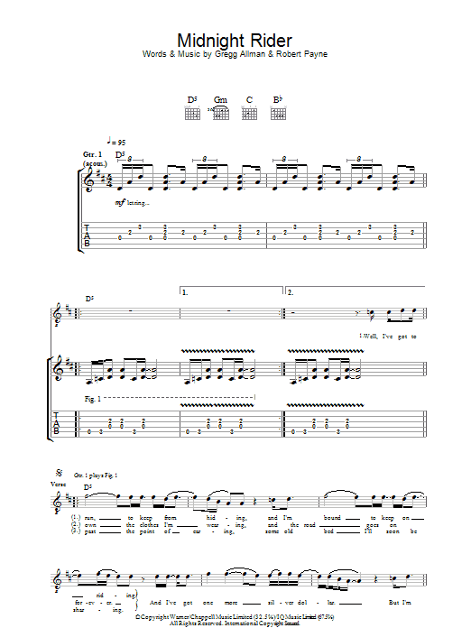 Allman Brothers Band Midnight Rider sheet music notes and chords. Download Printable PDF.