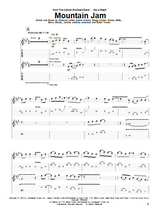 Learn to play The Allman Brothers Band Mountain Jam sheet music for Guitar Tab in minutes. Price: 7.8900$ The Allman Brothers Band Mountain Jam sheet music notes and chords arranged for Guitar Tab