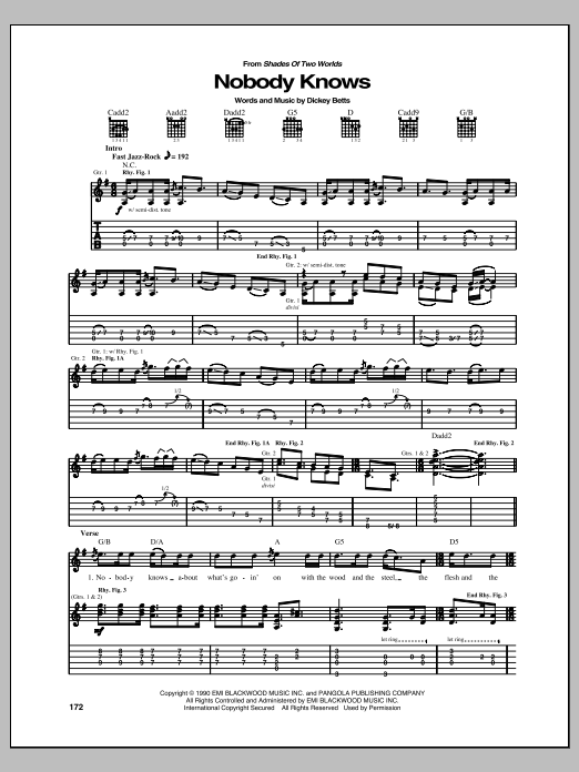 Learn to play Allman Brothers Band Nobody Knows sheet music for Guitar Tab in minutes. Price: 7.8900$ Allman Brothers Band Nobody Knows sheet music notes and chords arranged for Guitar Tab