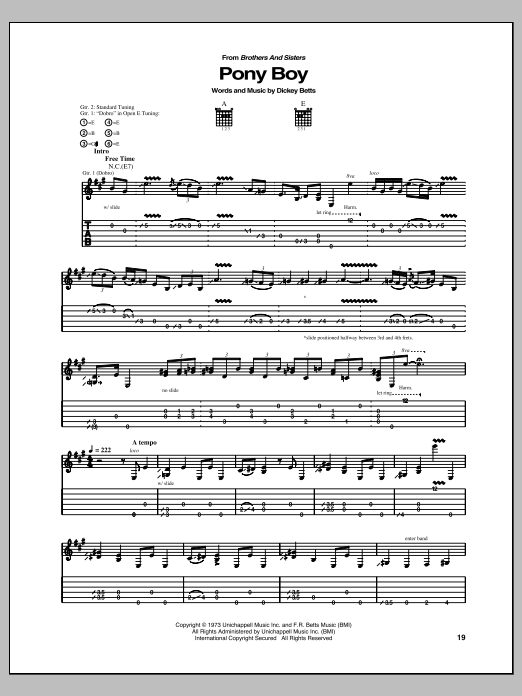 The Allman Brothers Band Pony Boy sheet music notes and chords. Download Printable PDF.