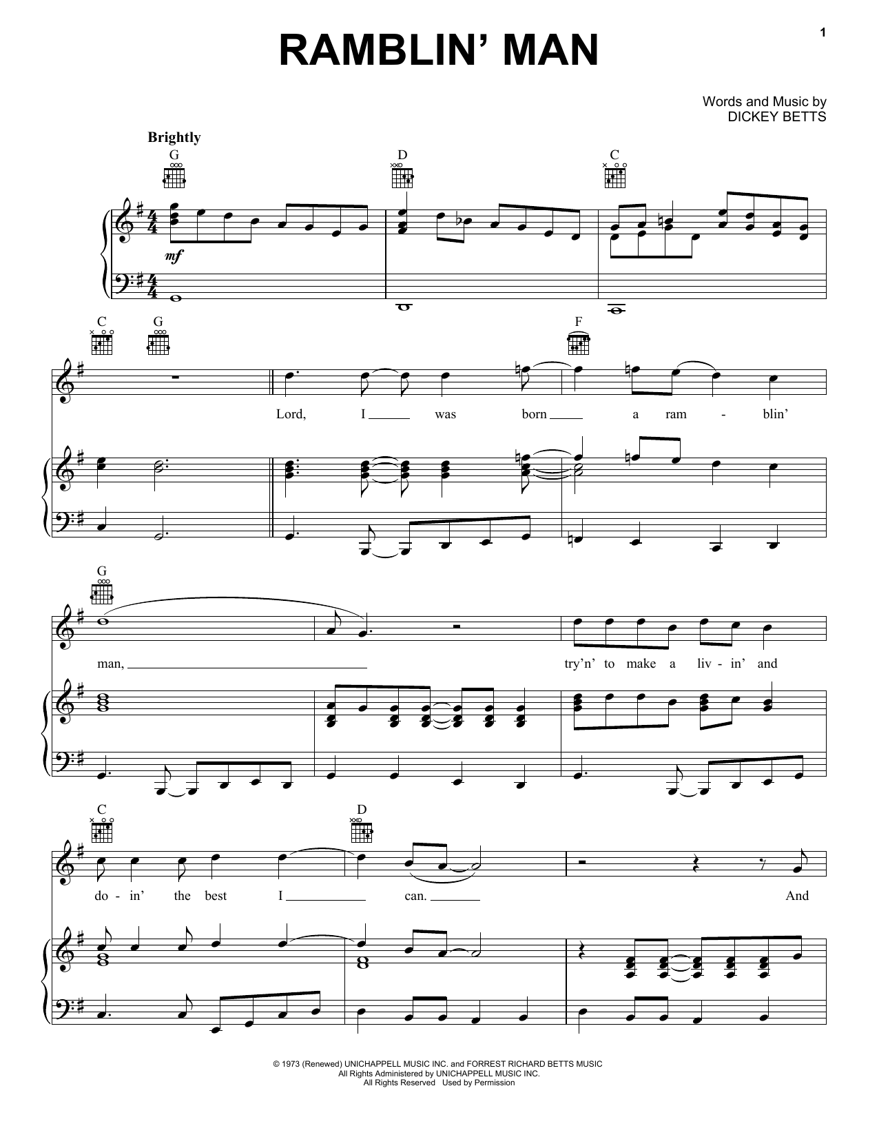 The Allman Brothers Band Ramblin' Man sheet music notes and chords. Download Printable PDF.