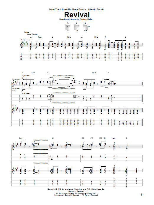 The Allman Brothers Band Revival sheet music notes and chords. Download Printable PDF.