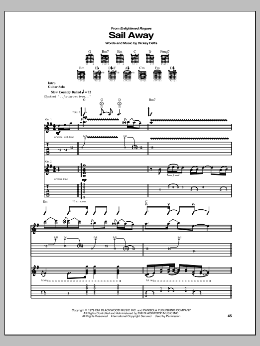 Learn to play Allman Brothers Band Sail Away sheet music for Guitar Tab in minutes. Price: 7.8900$ Allman Brothers Band Sail Away sheet music notes and chords arranged for Guitar Tab