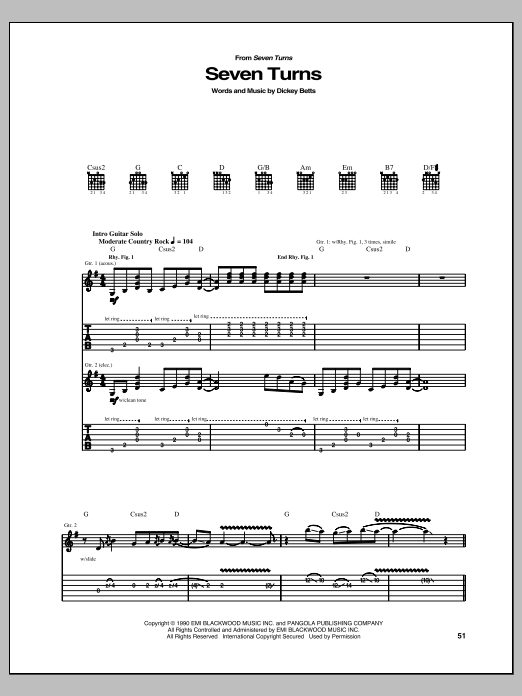 Allman Brothers Band Seven Turns sheet music notes and chords. Download Printable PDF.