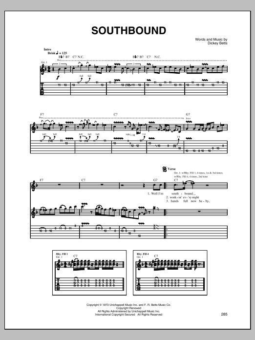 Allman Brothers Band Southbound sheet music notes and chords. Download Printable PDF.