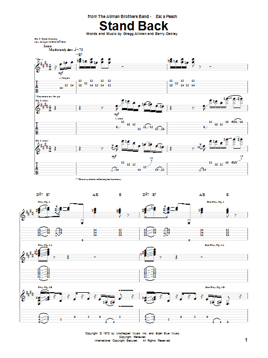 The Allman Brothers Band Stand Back sheet music notes and chords arranged for Guitar Tab