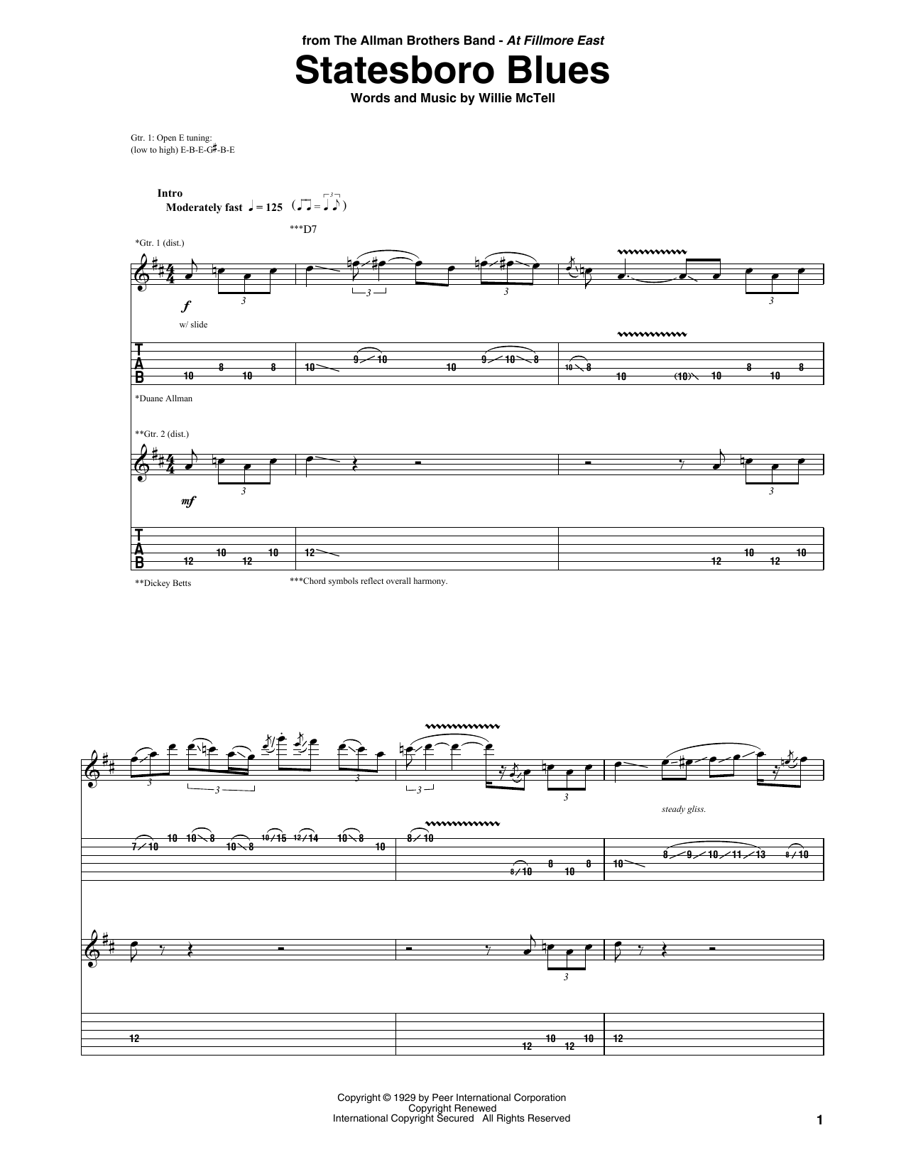 Allman Brothers Band Statesboro Blues sheet music notes and chords. Download Printable PDF.