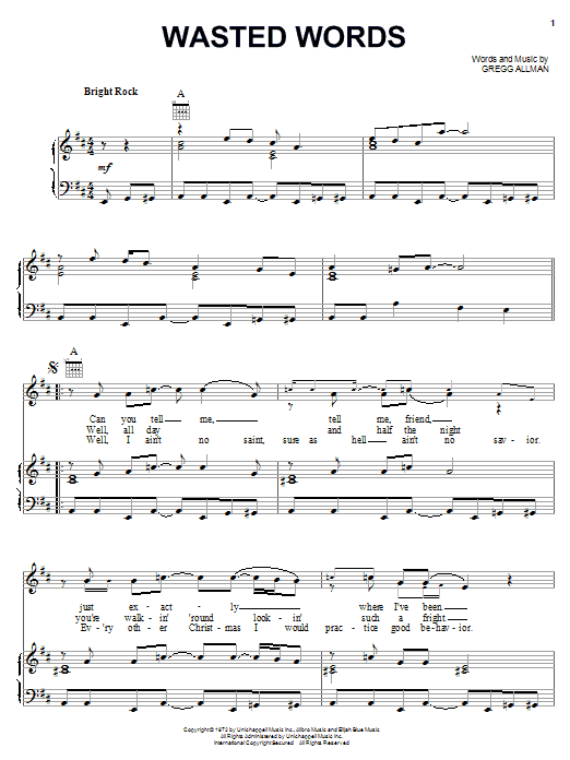 The Allman Brothers Band Wasted Words sheet music notes and chords. Download Printable PDF.