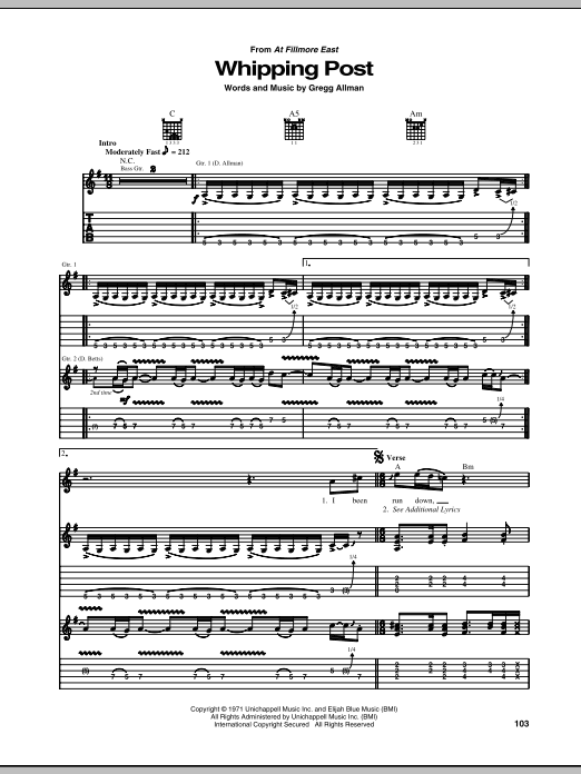 Allman Brothers Band Whipping Post sheet music notes and chords. Download Printable PDF.