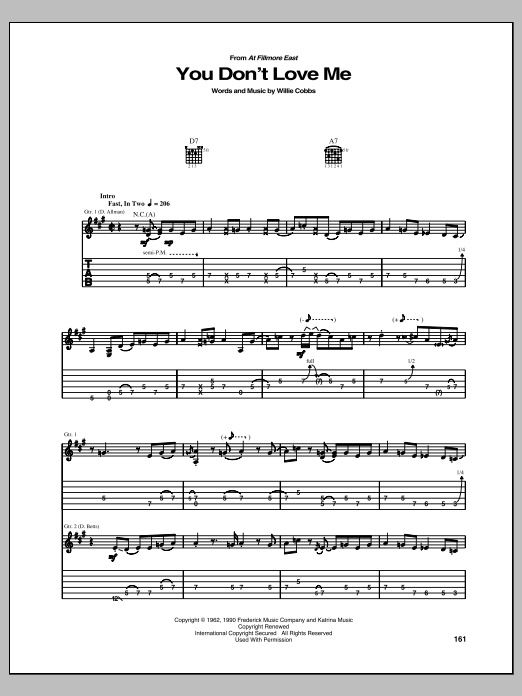 Allman Brothers Band You Don't Love Me sheet music notes and chords. Download Printable PDF.