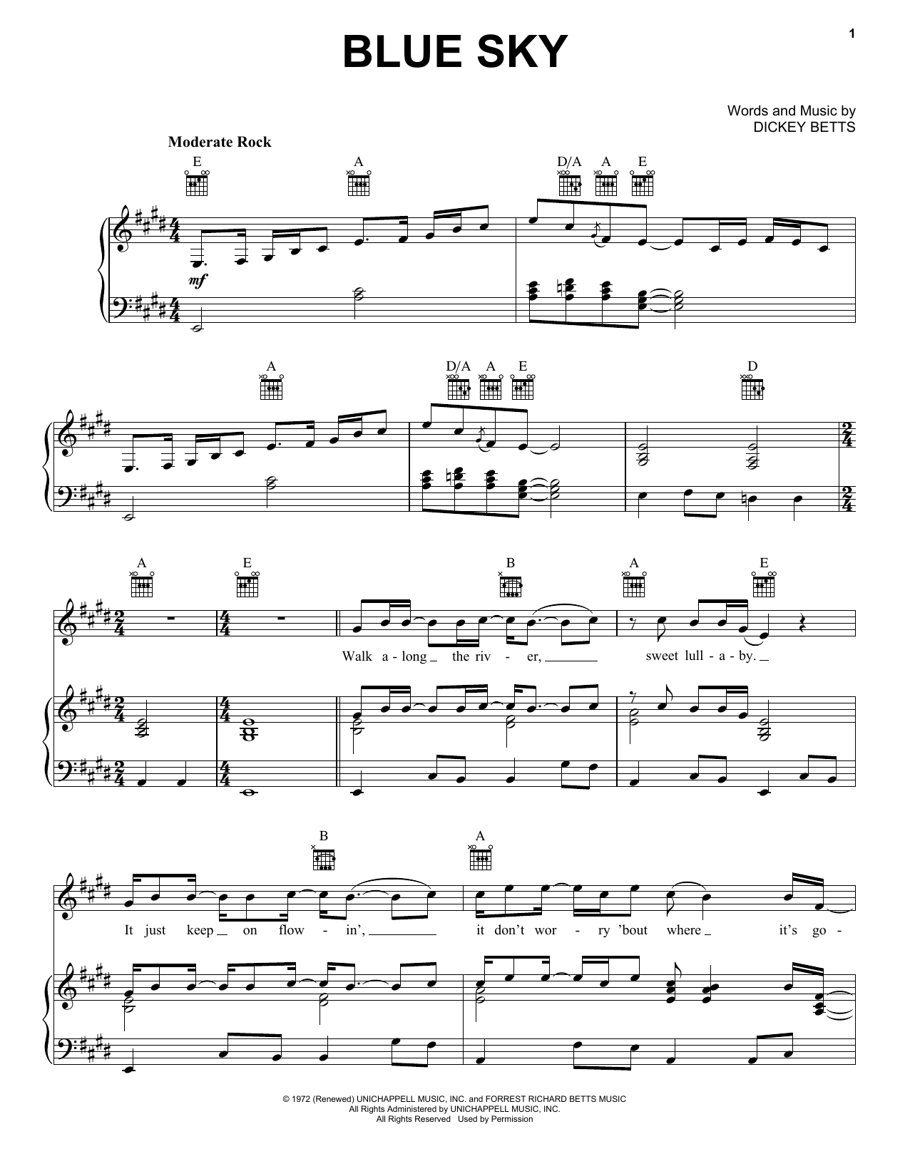 The Allman Brothers Band Blue Sky sheet music notes and chords. Download Printable PDF.