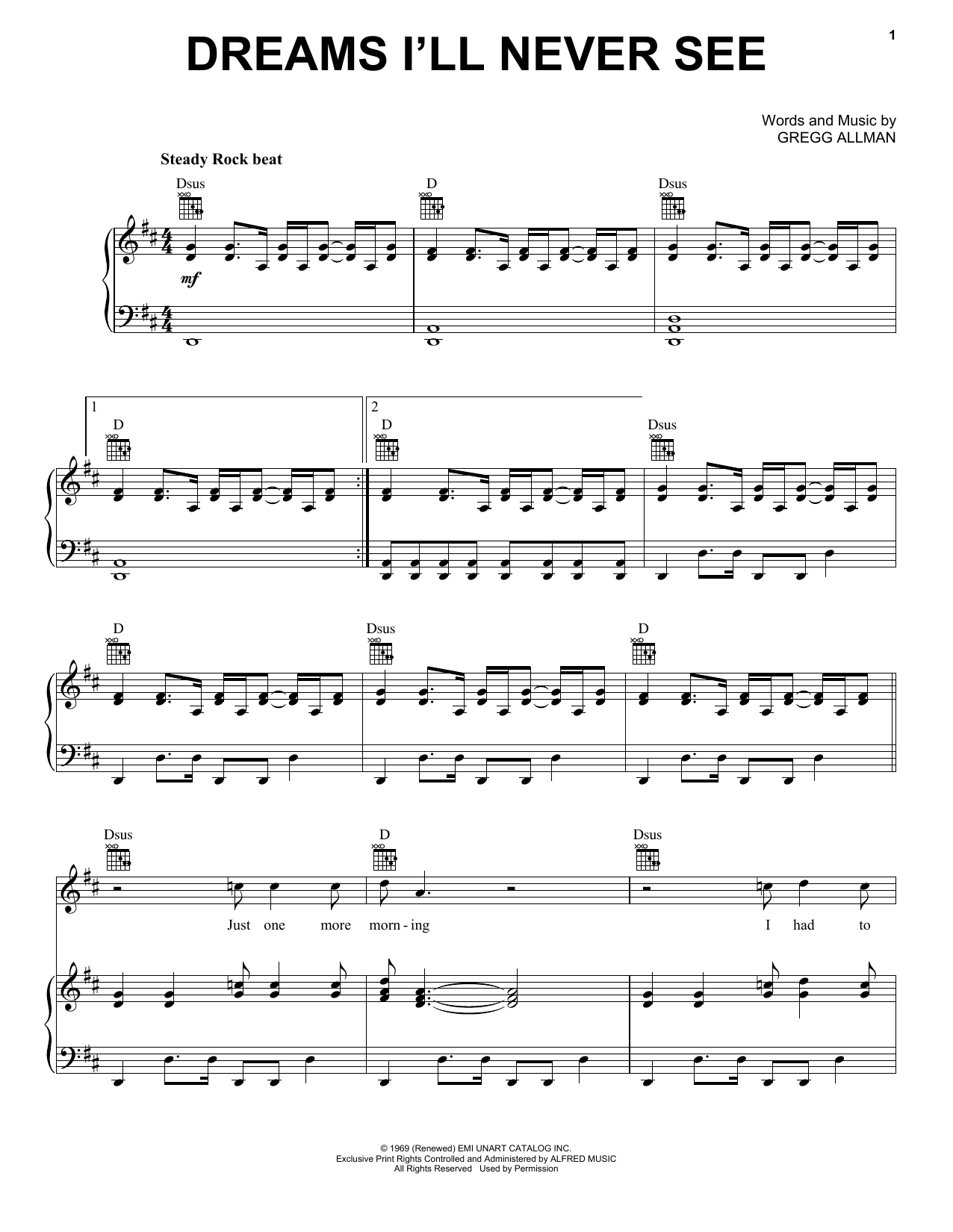 Learn to play Allman Brothers Dreams I'll Never See sheet music for Piano, Vocal & Guitar Chords (Right-Hand Melody) in minutes. Price: 7.8900$ Allman Brothers Dreams I'll Never See sheet music notes and chords arranged for Piano, Vocal & Guitar Chords (Right-Hand Melody)