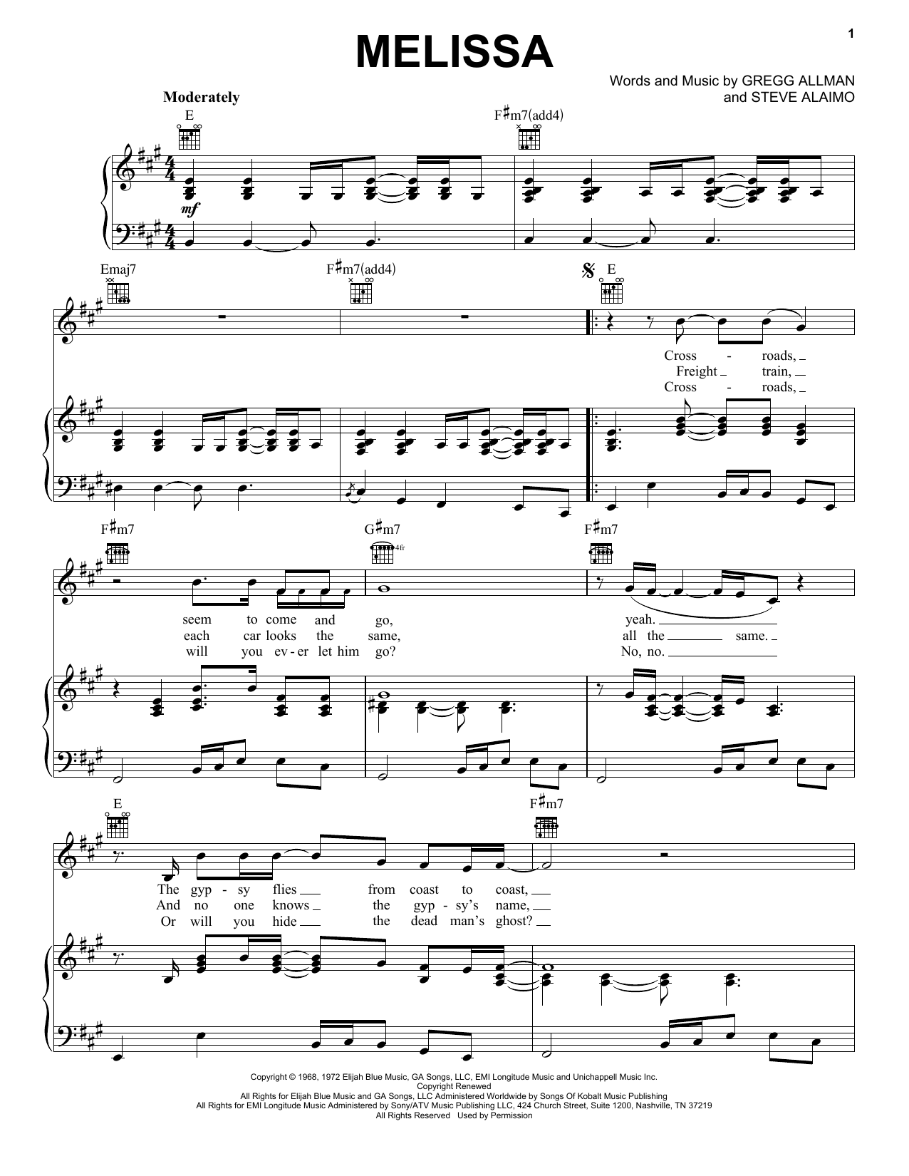 The Allman Brothers Band Melissa sheet music notes and chords. Download Printable PDF.