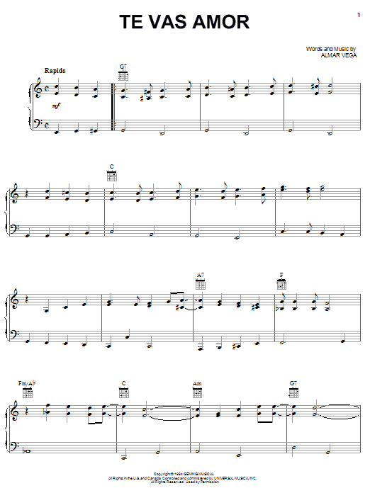 Learn to play Almar Vega Te Vas Amor sheet music for Piano, Vocal & Guitar Chords (Right-Hand Melody) in minutes. Price: 7.8900$ Almar Vega Te Vas Amor sheet music notes and chords arranged for Piano, Vocal & Guitar Chords (Right-Hand Melody)
