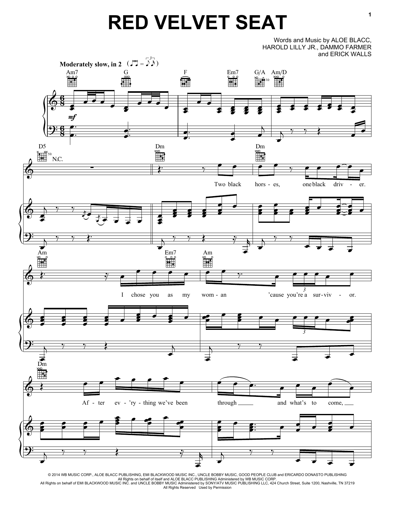 Learn to play Aloe Blacc Red Velvet Seat sheet music for Piano, Vocal & Guitar Chords (Right-Hand Melody) in minutes. Price: 7.8900$ Aloe Blacc Red Velvet Seat sheet music notes and chords arranged for Piano, Vocal & Guitar Chords (Right-Hand Melody)