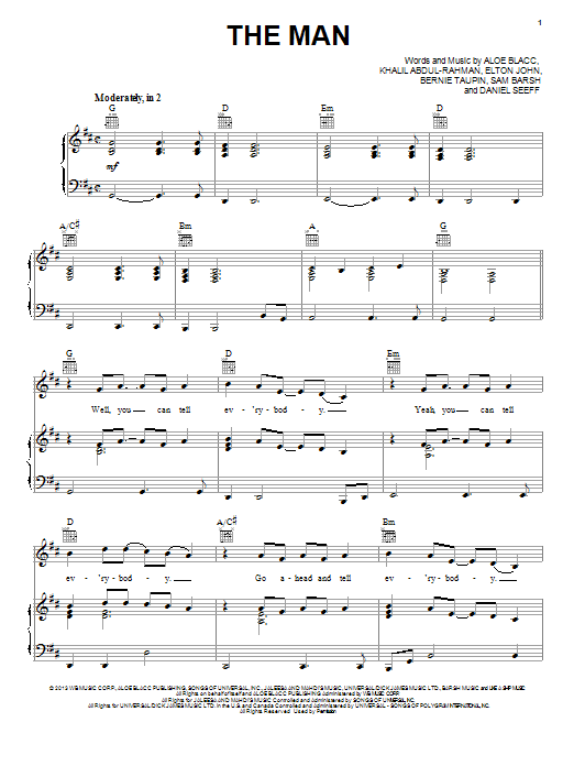 Learn to play Aloe Blacc The Man sheet music for Piano, Vocal & Guitar Chords (Right-Hand Melody) in minutes. Price: 7.8900$ Aloe Blacc The Man sheet music notes and chords arranged for Piano, Vocal & Guitar Chords (Right-Hand Melody)
