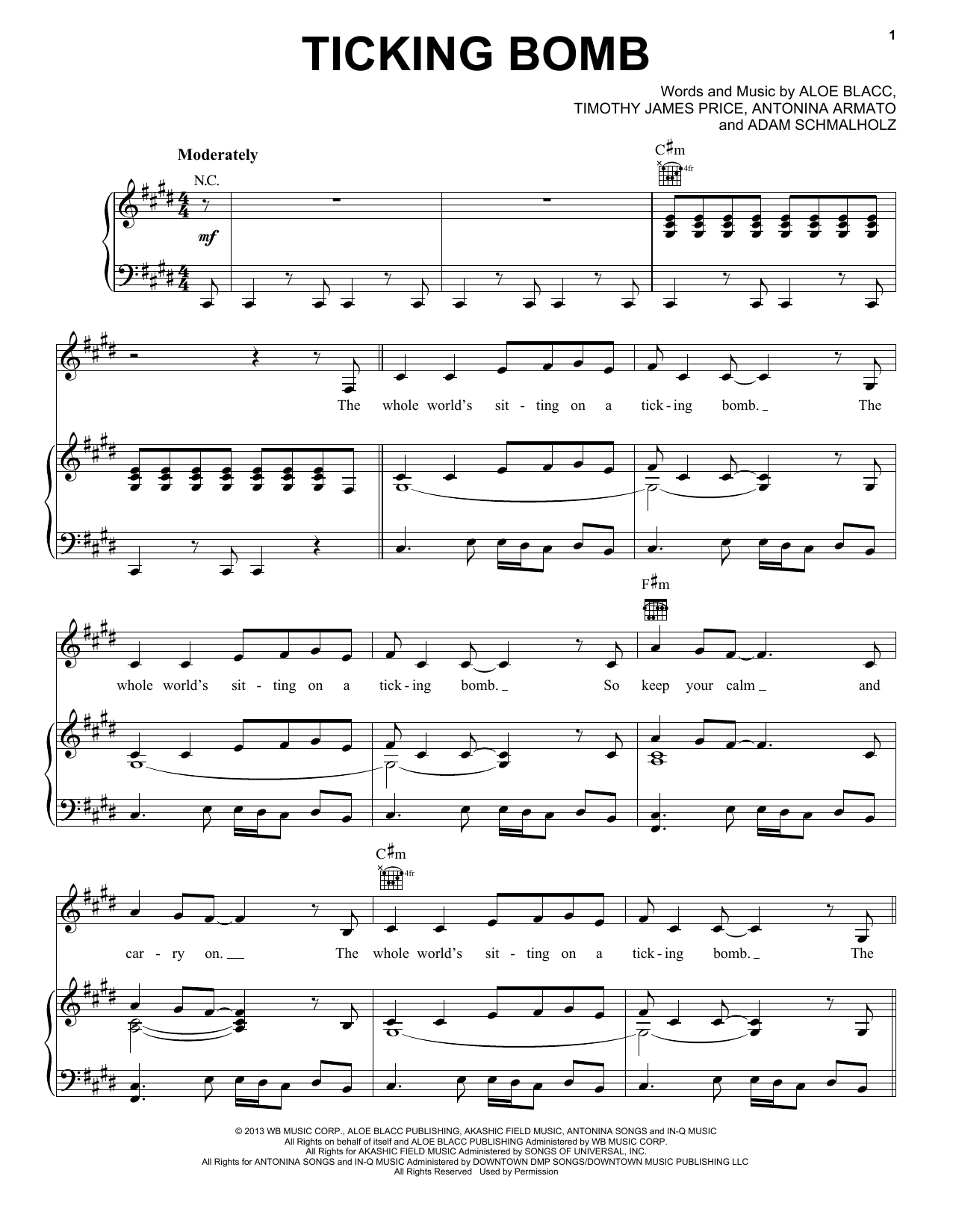 Learn to play Aloe Blacc Ticking Bomb sheet music for Piano, Vocal & Guitar Chords (Right-Hand Melody) in minutes. Price: 7.8900$ Aloe Blacc Ticking Bomb sheet music notes and chords arranged for Piano, Vocal & Guitar Chords (Right-Hand Melody)