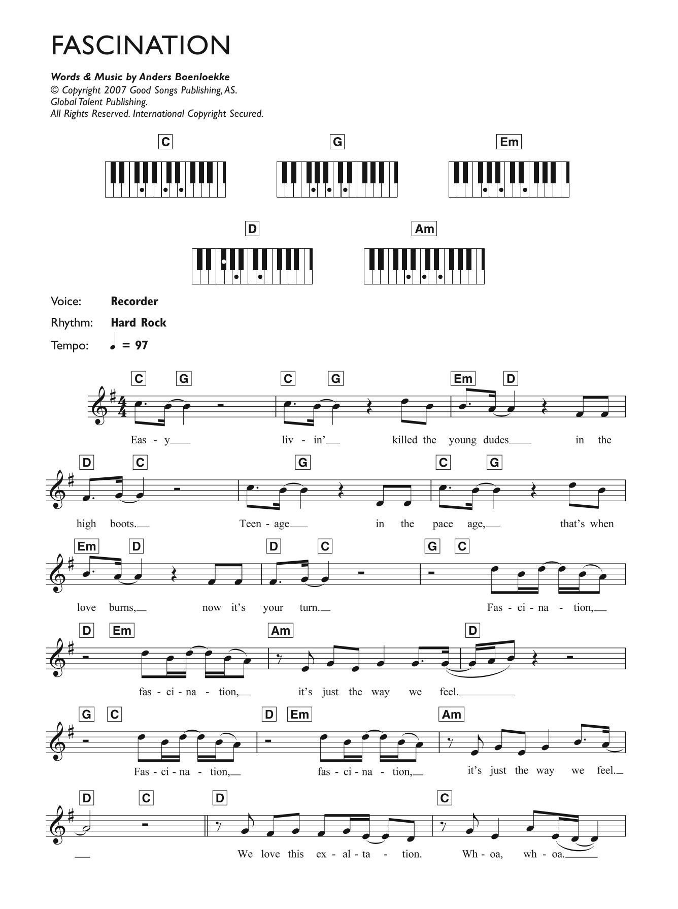 Alphabeat Fascination sheet music notes and chords arranged for Piano Chords/Lyrics