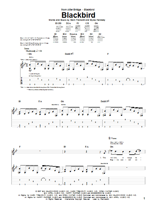 Alter Bridge Blackbird sheet music notes and chords. Download Printable PDF.