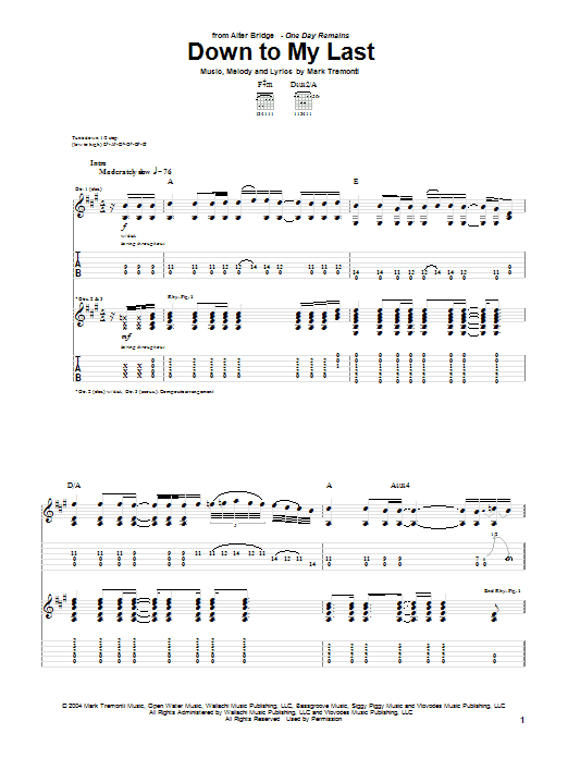 Learn to play Alter Bridge Down To My Last sheet music for Guitar Tab in minutes. Price: 7.8900$ Alter Bridge Down To My Last sheet music notes and chords arranged for Guitar Tab