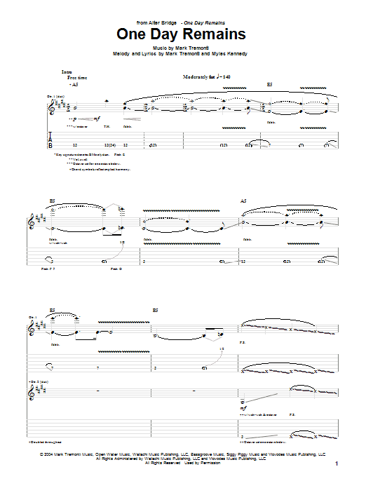 Learn to play Alter Bridge One Day Remains sheet music for Guitar Tab in minutes. Price: 7.8900$ Alter Bridge One Day Remains sheet music notes and chords arranged for Guitar Tab