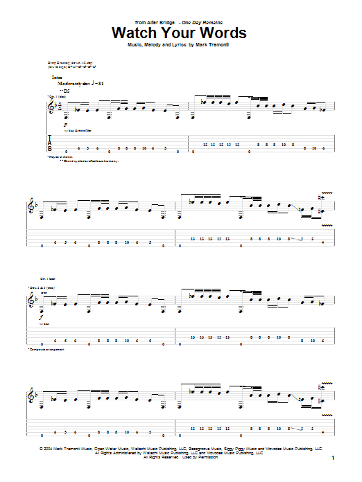 Learn to play Alter Bridge Watch Your Words sheet music for Guitar Tab in minutes. Price: 7.8900$ Alter Bridge Watch Your Words sheet music notes and chords arranged for Guitar Tab