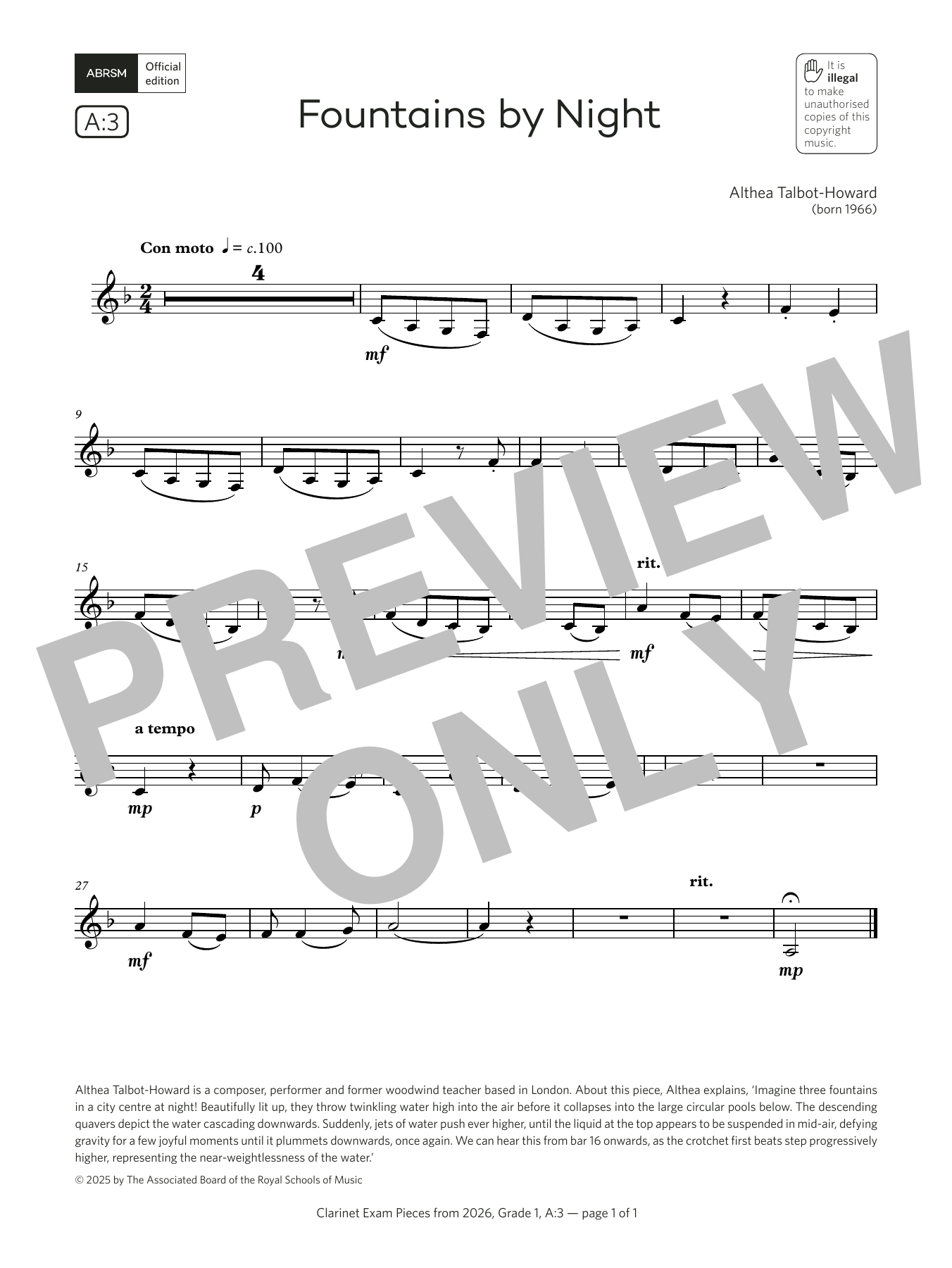 Learn to play Althea Talbot-Howard Fountains by Night (Grade 1, list A3, from the ABRSM Clarinet Syllabus from 2026) sheet music for Clarinet Solo in minutes. Price: 3.9900$ Althea Talbot-Howard Fountains by Night (Grade 1, list A3, from the ABRSM Clarinet Syllabus from 2026) sheet music notes and chords arranged for Clarinet Solo