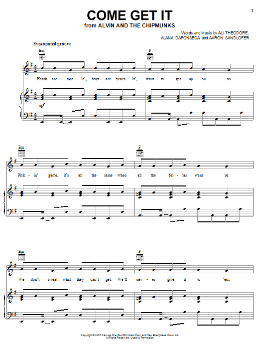 Learn to play Alvin And The Chipmunks Come Get It sheet music for Piano, Vocal & Guitar Chords (Right-Hand Melody) in minutes. Price: 7.8900$ Alvin And The Chipmunks Come Get It sheet music notes and chords arranged for Piano, Vocal & Guitar Chords (Right-Hand Melody)