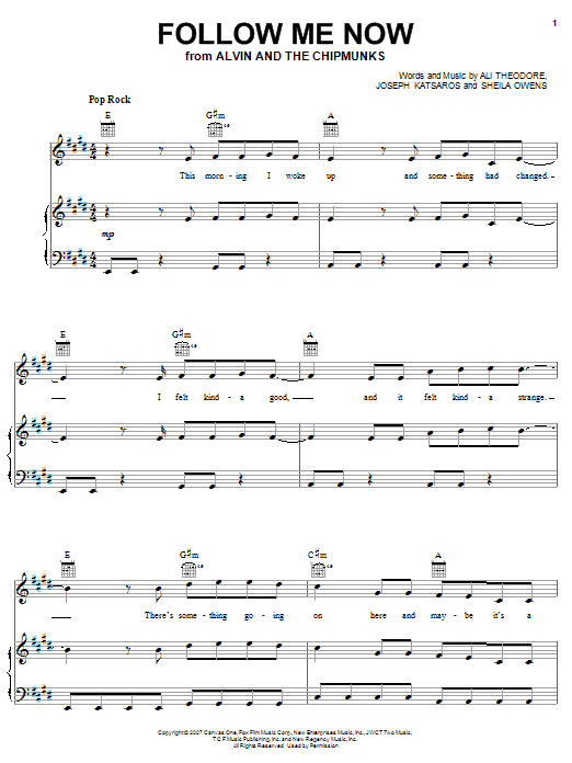 Learn to play Alvin And The Chipmunks Follow Me Now sheet music for Piano, Vocal & Guitar Chords (Right-Hand Melody) in minutes. Price: 7.8900$ Alvin And The Chipmunks Follow Me Now sheet music notes and chords arranged for Piano, Vocal & Guitar Chords (Right-Hand Melody)