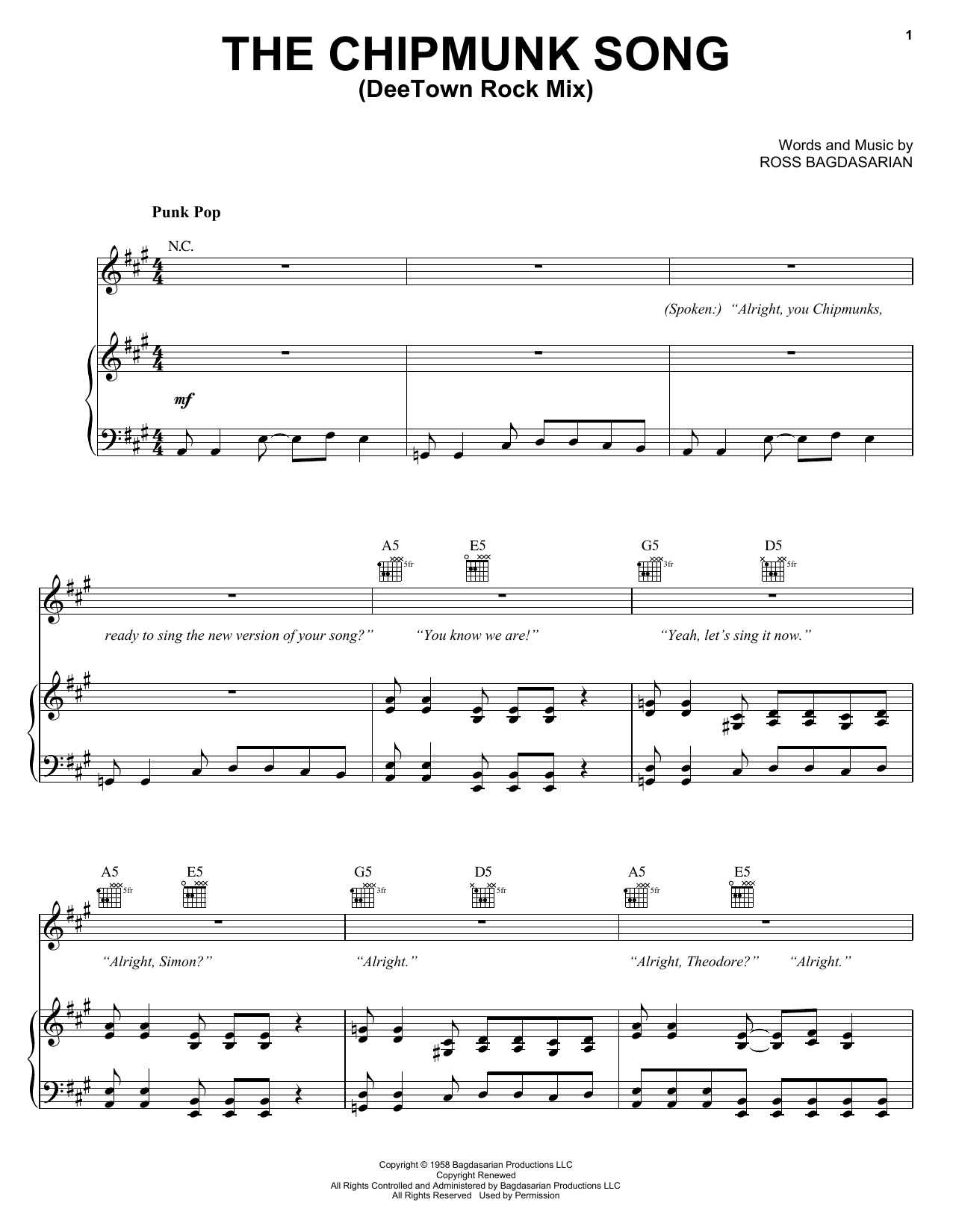 Alvin And The Chipmunks The Chipmunk Song (DeeTown Rock Mix) sheet music notes and chords. Download Printable PDF.