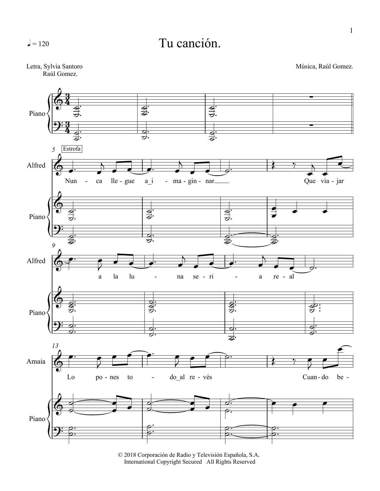 Learn to play Amaia & Alfred Tu Canción sheet music for Piano & Vocal in minutes. Price: 7.8900$ Amaia & Alfred Tu Canción sheet music notes and chords arranged for Piano & Vocal