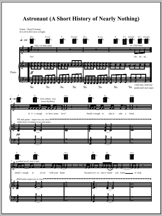 Learn to play Amanda Palmer Astronaut sheet music for Piano, Vocal & Guitar Chords (Right-Hand Melody) in minutes. Price: 7.8900$ Amanda Palmer Astronaut sheet music notes and chords arranged for Piano, Vocal & Guitar Chords (Right-Hand Melody)