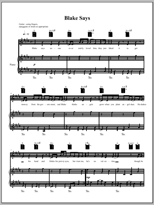 Learn to play Amanda Palmer Blake Says sheet music for Piano, Vocal & Guitar Chords (Right-Hand Melody) in minutes. Price: 7.8900$ Amanda Palmer Blake Says sheet music notes and chords arranged for Piano, Vocal & Guitar Chords (Right-Hand Melody)