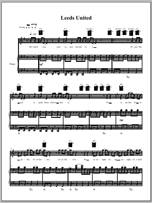 Learn to play Amanda Palmer Leeds United sheet music for Piano, Vocal & Guitar Chords (Right-Hand Melody) in minutes. Price: 7.8900$ Amanda Palmer Leeds United sheet music notes and chords arranged for Piano, Vocal & Guitar Chords (Right-Hand Melody)
