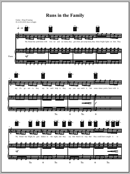 Learn to play Amanda Palmer Runs In The Family sheet music for Piano, Vocal & Guitar Chords (Right-Hand Melody) in minutes. Price: 7.8900$ Amanda Palmer Runs In The Family sheet music notes and chords arranged for Piano, Vocal & Guitar Chords (Right-Hand Melody)