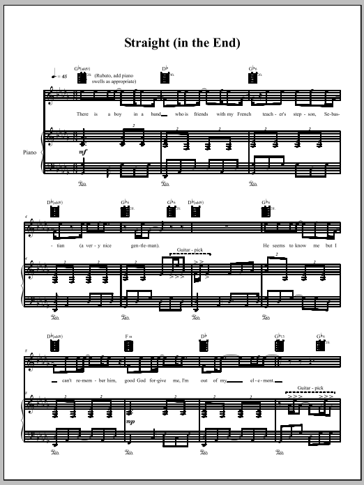 Learn to play Amanda Palmer Straight (In The End) sheet music for Piano, Vocal & Guitar Chords (Right-Hand Melody) in minutes. Price: 7.8900$ Amanda Palmer Straight (In The End) sheet music notes and chords arranged for Piano, Vocal & Guitar Chords (Right-Hand Melody)