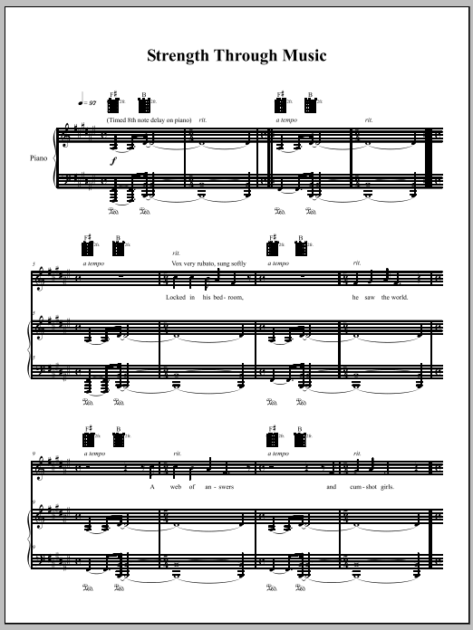 Learn to play Amanda Palmer Strength Through Music sheet music for Piano, Vocal & Guitar Chords (Right-Hand Melody) in minutes. Price: 7.8900$ Amanda Palmer Strength Through Music sheet music notes and chords arranged for Piano, Vocal & Guitar Chords (Right-Hand Melody)